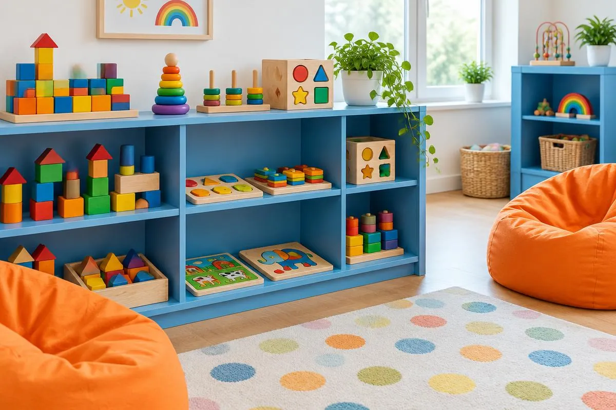 Learning corner with blue shelves full of wooden blocks, puzzles and shape sorters beside orange beanbags