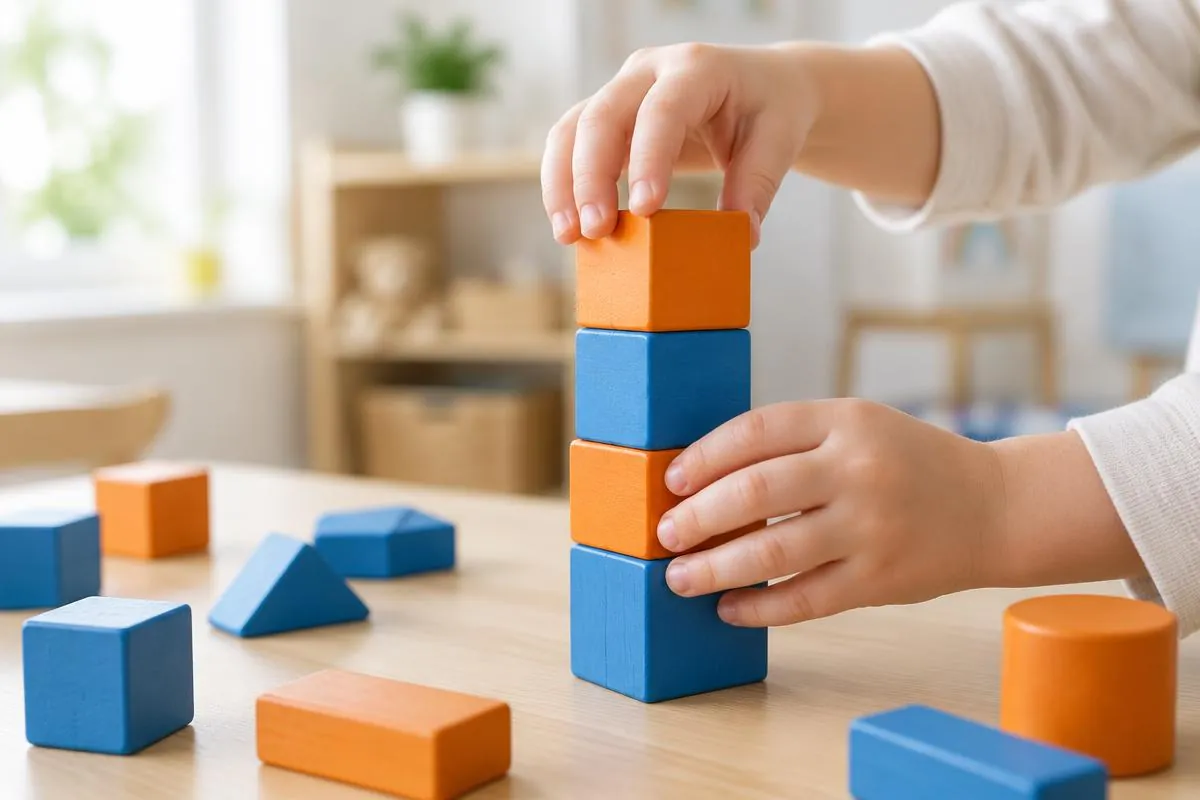 A child's hands stacking blue and orange wooden blocks into a tower on a table