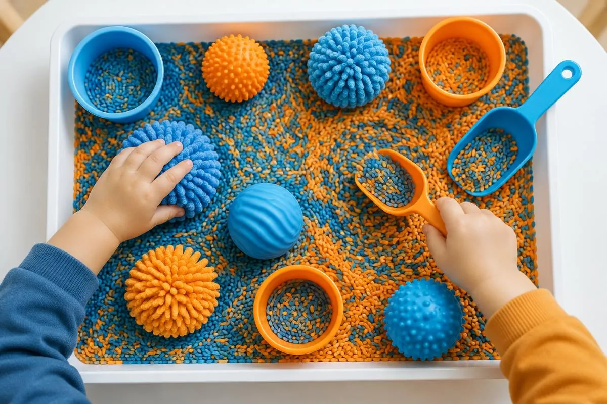 A child's hands exploring a sensory tray of coloured rice, textured balls and scoops