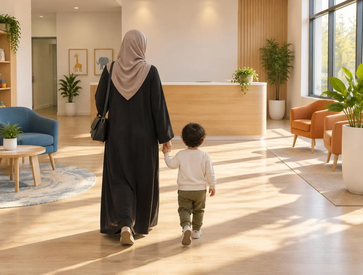 A parent and young child, seen from behind, walking hand in hand into a bright nursery reception area