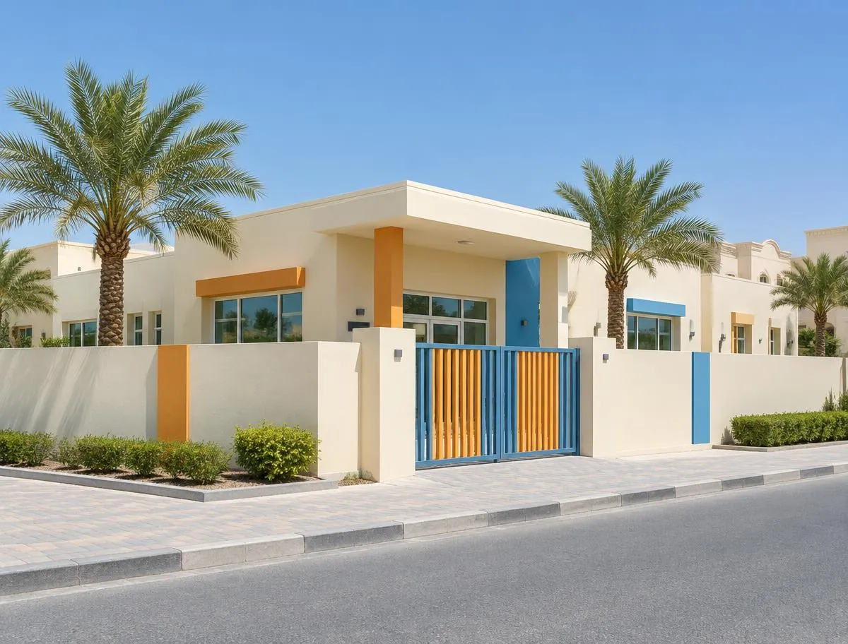 Modern single-storey nursery-style building with a blue and orange gate and palm trees under a clear sky