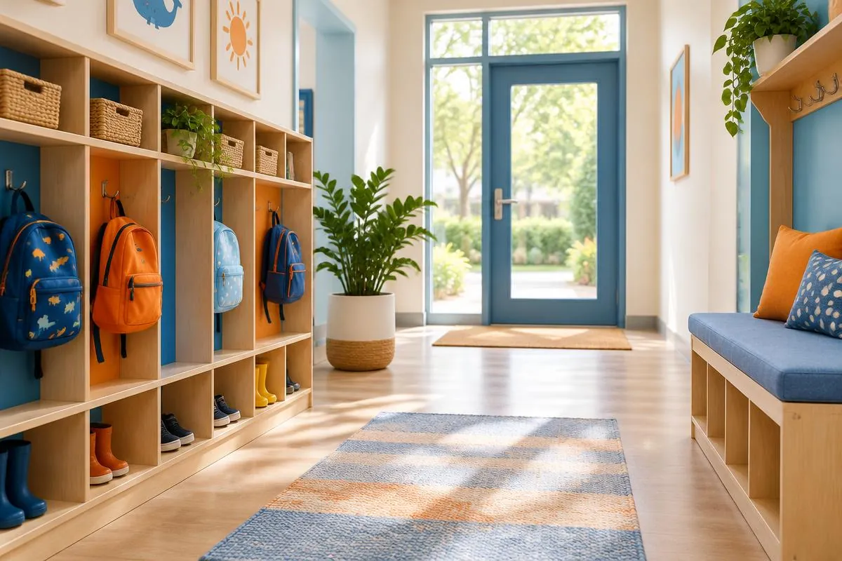 Welcoming entrance hallway with cubbies, little backpacks on hooks and a cushioned bench