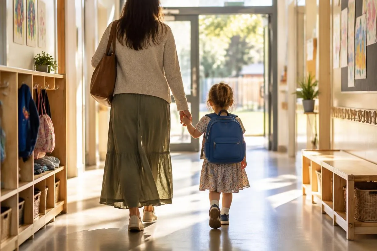 A parent and child, seen from behind, walking hand in hand along a sunny corridor at home time
