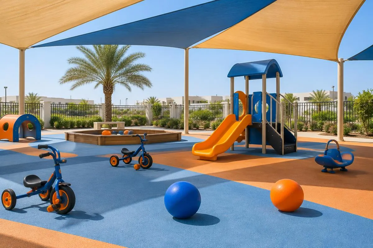 Shaded outdoor play area with a slide, tricycles, balls and soft blue and orange flooring