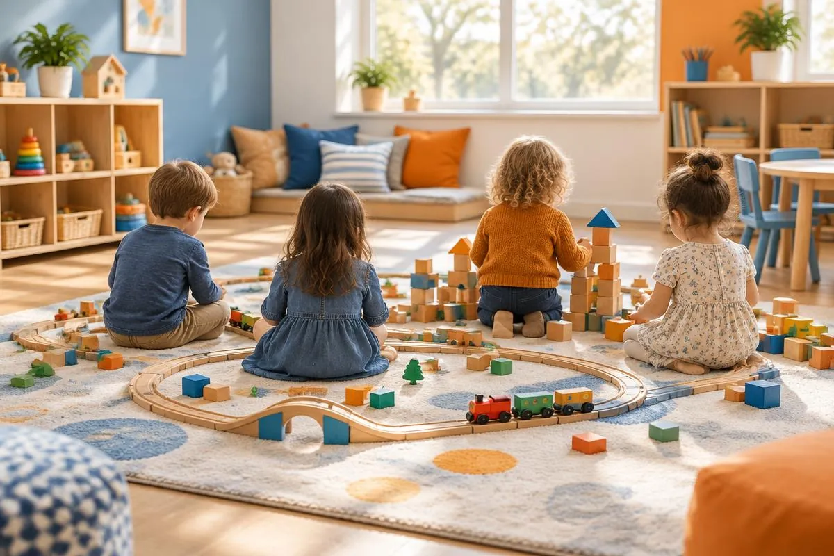 Young children, seen from behind, playing with a wooden train set and building blocks on a rug