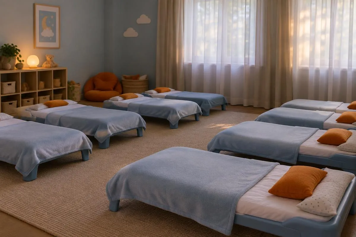 Calm nap room with rows of low cots, pale blue blankets and soft pillows
