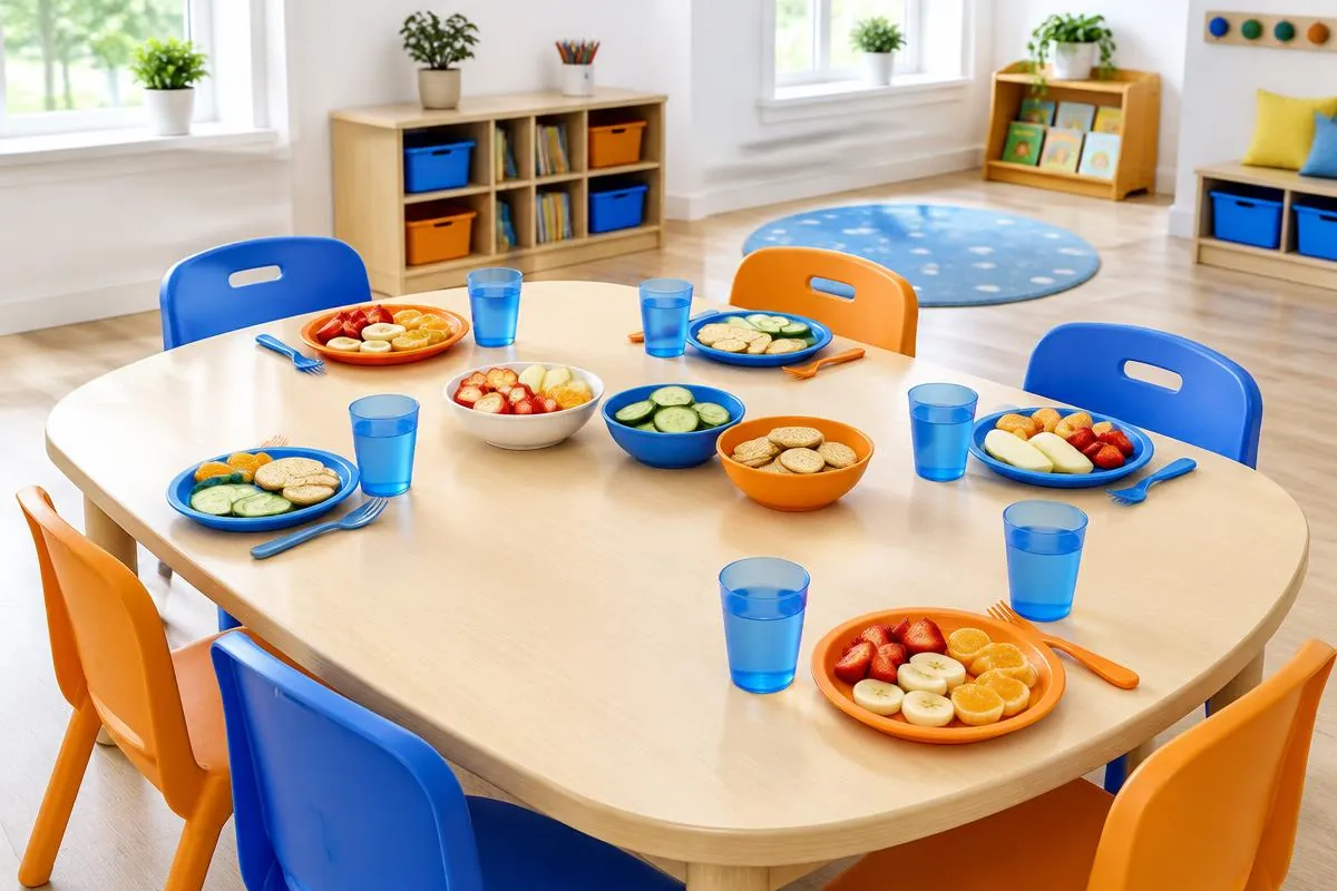 Snack table set with sliced fruit, cucumber, crackers and cups of water on blue and orange plates