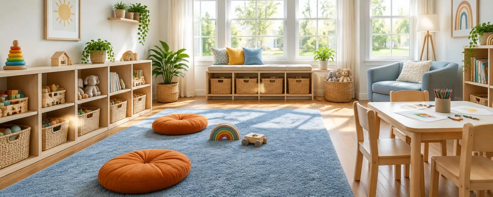 Tidy, sunlit playroom with toy shelves, a soft blue rug, orange floor cushions and a small drawing table