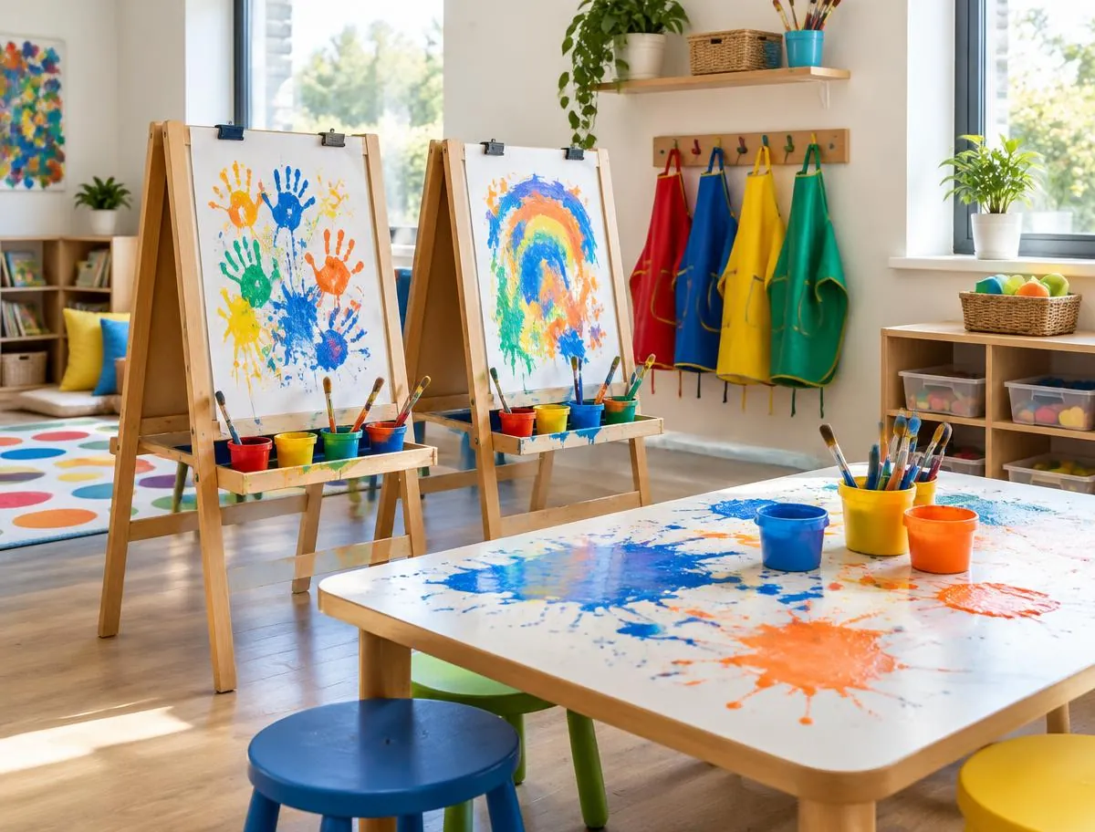 Art and messy play corner with easels, paint pots, handprint paintings and aprons