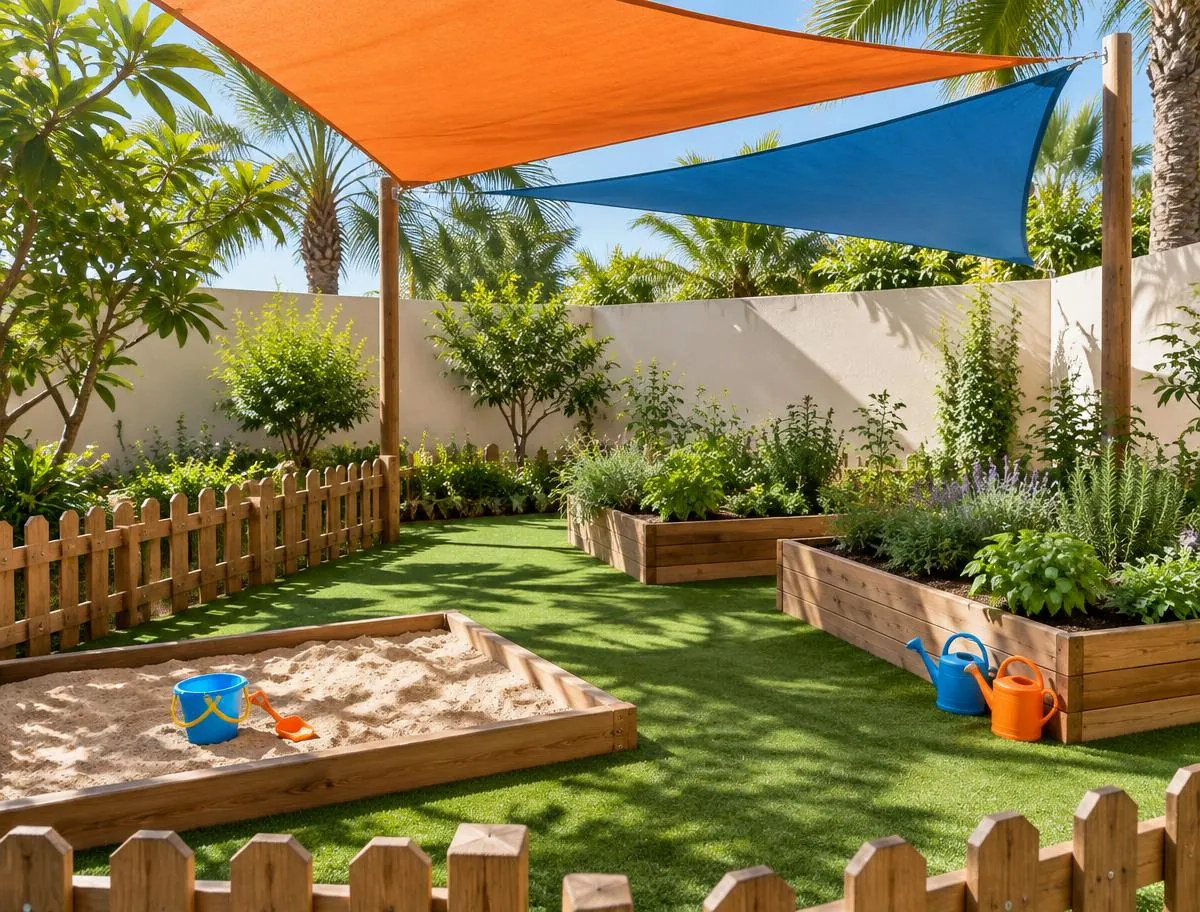 Shaded outdoor garden with a sandpit, raised herb beds and child-size watering cans