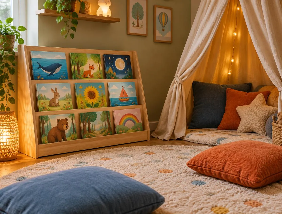 Cosy reading corner with picture books on a low shelf, a fabric canopy and floor cushions