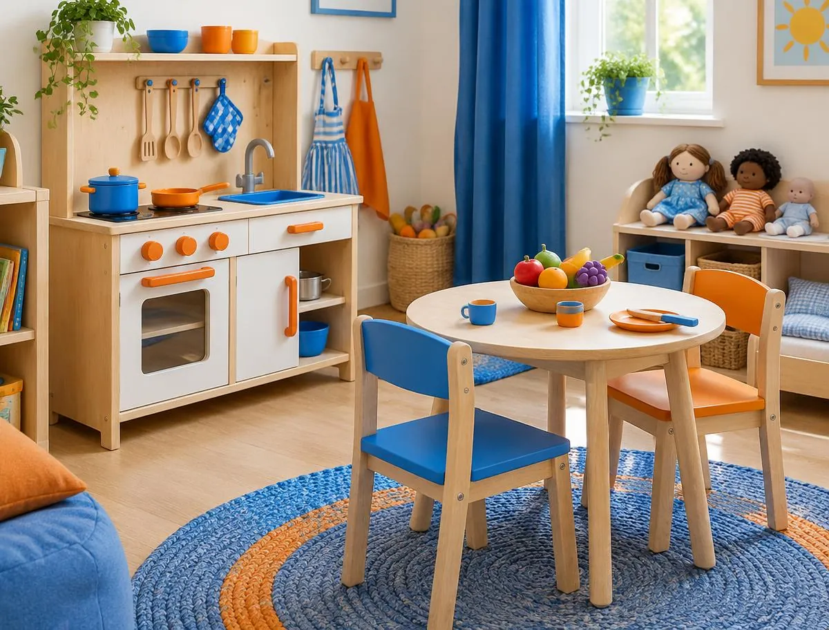 Pretend play corner with a wooden toy kitchen, play fruit, dolls and a small table
