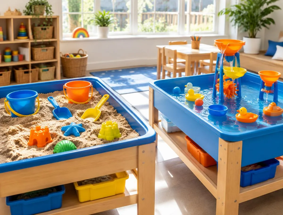 Sand tray and water play table with buckets, scoops, funnels and floating toys