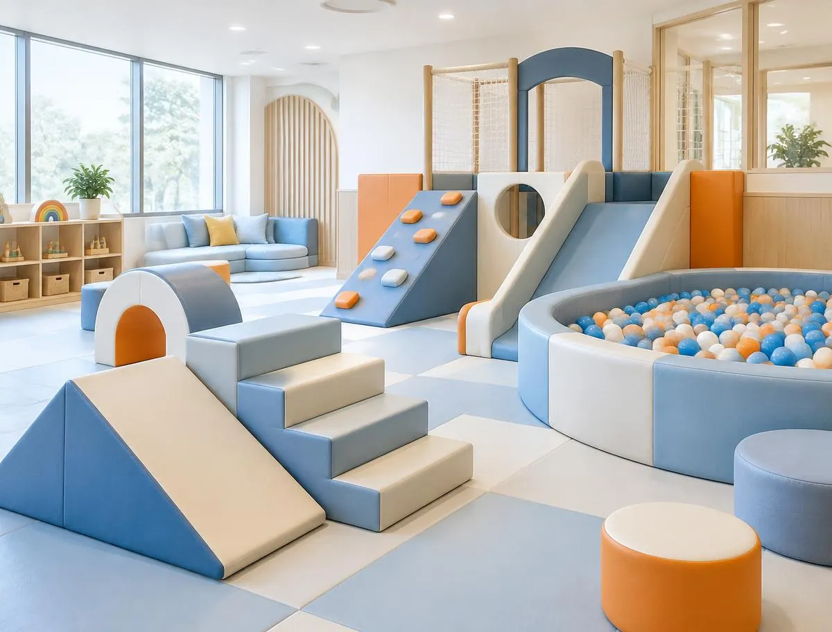 Indoor soft play room with padded climbing blocks, slides and a ball pit