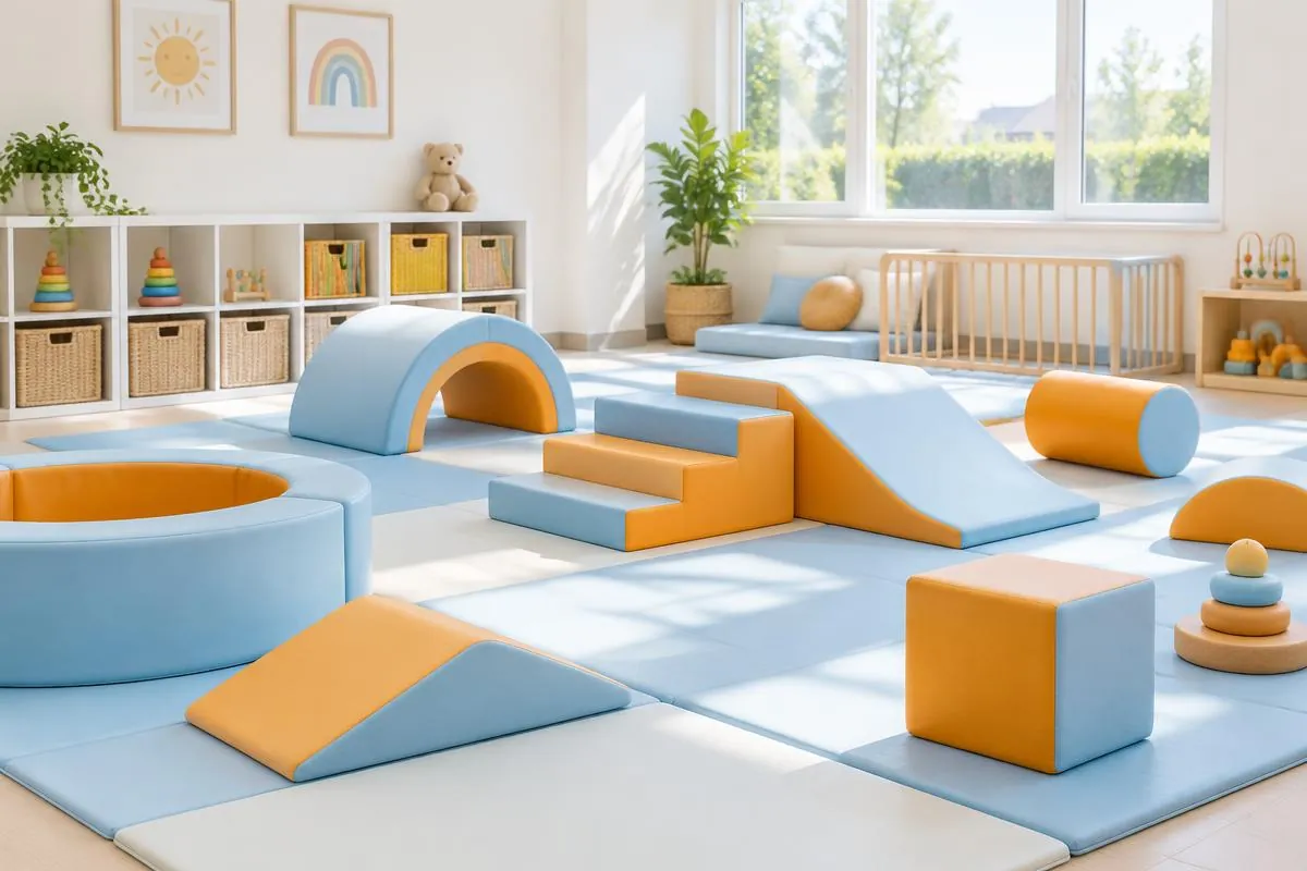 Soft play area for the youngest children with padded blue and orange ramps, steps and mats