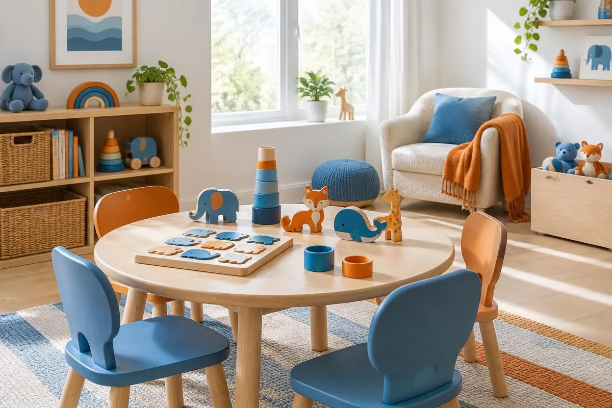 Toddler room with a round table, small chairs, wooden puzzles and toy animals