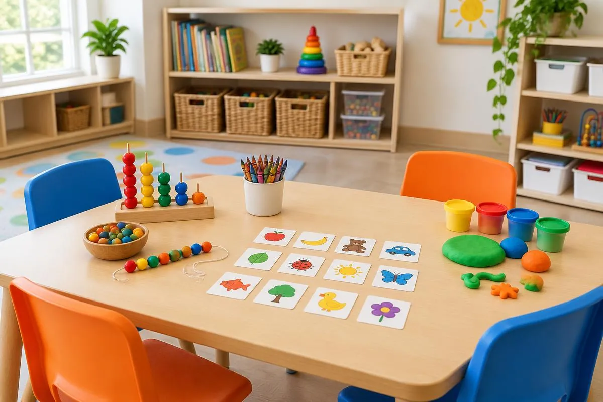Pre-school activity table with counting beads, crayons, play dough and picture-matching cards